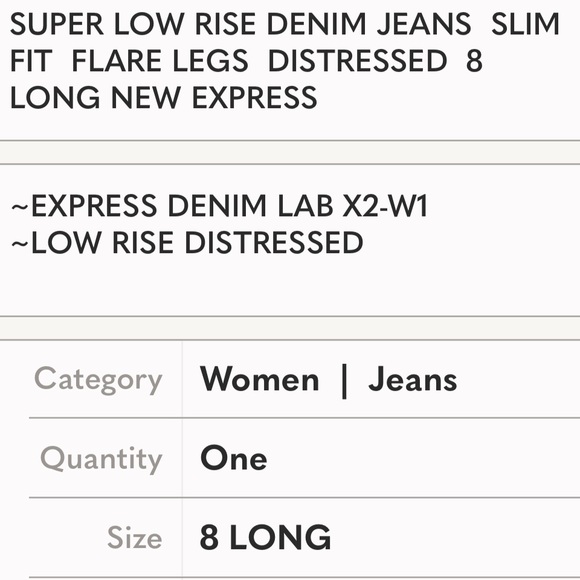 SUPER LOW RISE EXPRESS DENIM JEANS SLIM FIT FLARE LEGS  DISTRESSED  8 LONG  NEW - Picture 11 of 11